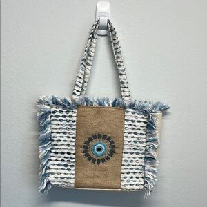 Antik Kraft Blue, White & Tan Fringed Tote with Embroidered Medallion